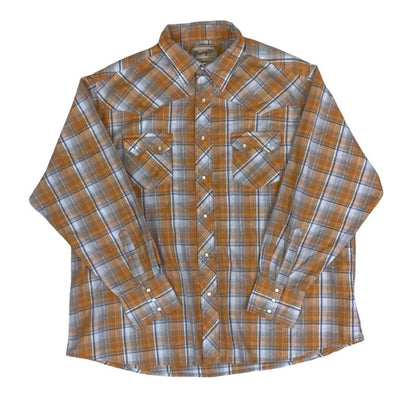 VTG 90S WRANGLER WESTERN PEARL SNAP ORANGE WHITE PLAID SHIRT 2XL