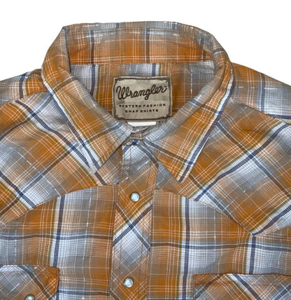 VTG 90S WRANGLER WESTERN PEARL SNAP ORANGE WHITE PLAID SHIRT 2XL