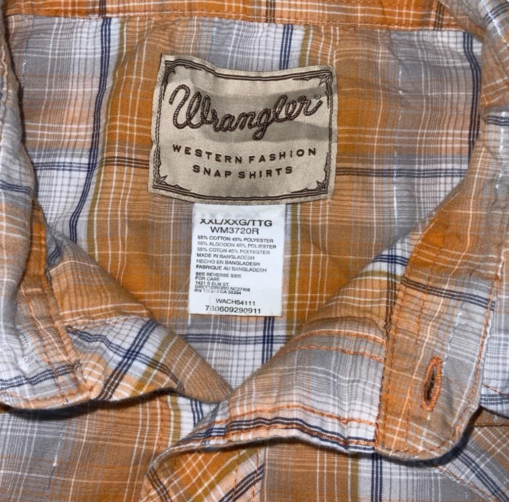 VTG 90S WRANGLER WESTERN PEARL SNAP ORANGE WHITE PLAID SHIRT 2XL