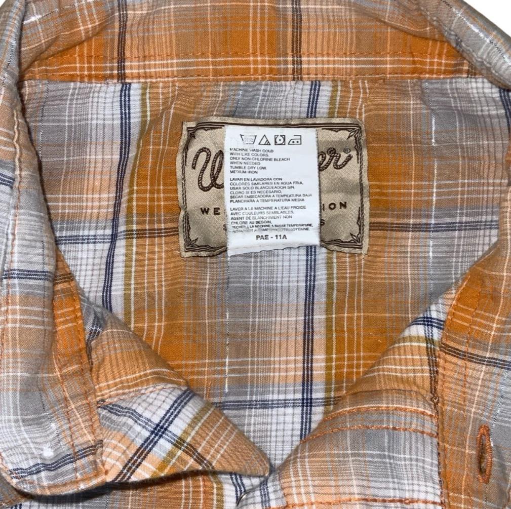 VTG 90S WRANGLER WESTERN PEARL SNAP ORANGE WHITE PLAID SHIRT 2XL