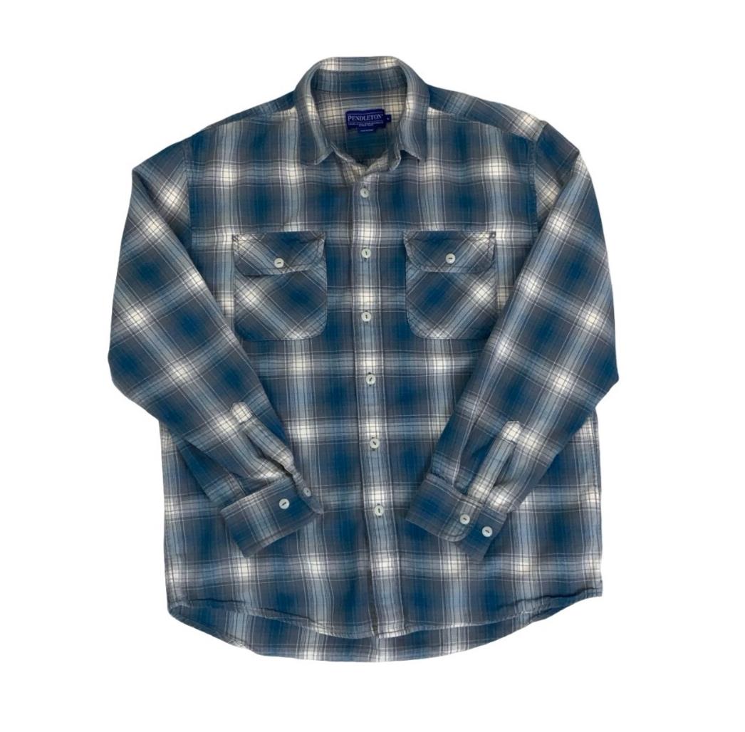 VTG 90S PENDLETON BLUE GREY WHITE GINGHAM LONG-SLEEVED SHIRT MEDIUM