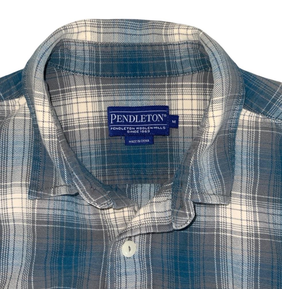 VTG 90S PENDLETON BLUE GREY WHITE GINGHAM LONG-SLEEVED SHIRT MEDIUM