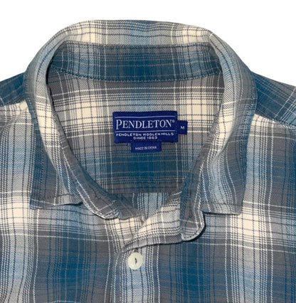 VTG 90S PENDLETON BLUE GREY WHITE GINGHAM LONG-SLEEVED SHIRT MEDIUM