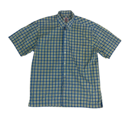 VTG 90S LEVI'S BLUE YELLOW PLAID CASUAL SHORT SLEEVED BUTTON DOWN SHIRT M 43"