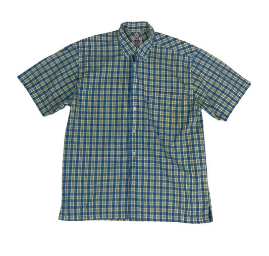 VTG 90S LEVI'S BLUE YELLOW PLAID CASUAL SHORT SLEEVED BUTTON DOWN SHIRT M 43"