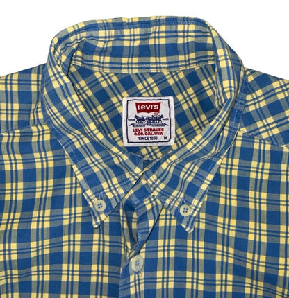 VTG 90S LEVI'S BLUE YELLOW PLAID CASUAL SHORT SLEEVED BUTTON DOWN SHIRT M 43"