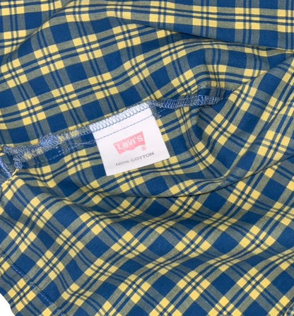 VTG 90S LEVI'S BLUE YELLOW PLAID CASUAL SHORT SLEEVED BUTTON DOWN SHIRT M 43"