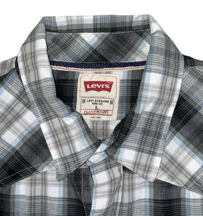 90S LEVI'S GREY BLUE WHITE STRIPE PEARL SNAP WESTERN SHIRT MEDIUM 43"