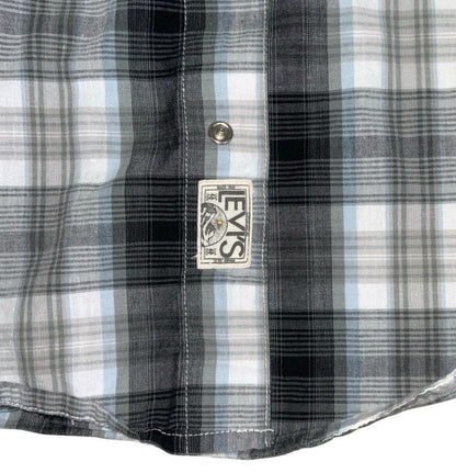 90S LEVI'S GREY BLUE WHITE STRIPE PEARL SNAP WESTERN SHIRT MEDIUM 43"