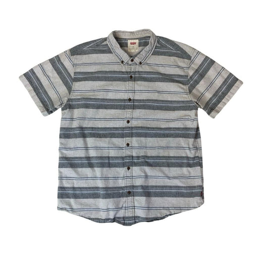 LEVI'S AUTHENTIC GREY BLUE STRIPE BUTTON-DOWN SHORT SLEEVE SHIRT LARGE 45"