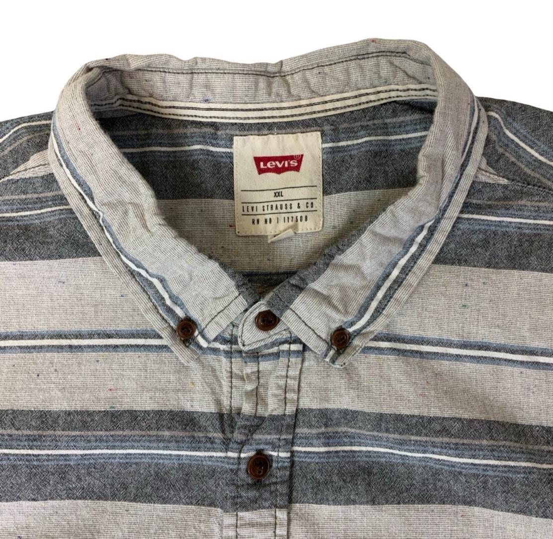LEVI'S AUTHENTIC GREY BLUE STRIPE BUTTON-DOWN SHORT SLEEVE SHIRT LARGE 45"