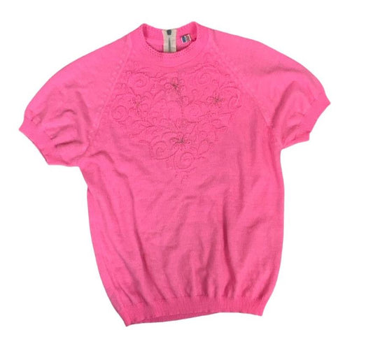 VTG 60S PINK EMBROIDERED FLORAL CASUAL SHORT SLEEVED  KNIT TOP SMALL 10