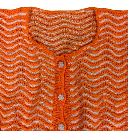 VTG 80S 90S HANDMADE HAND KNIT ORANGE CHEVRON CROPPED CARDIGAN UK 14 16