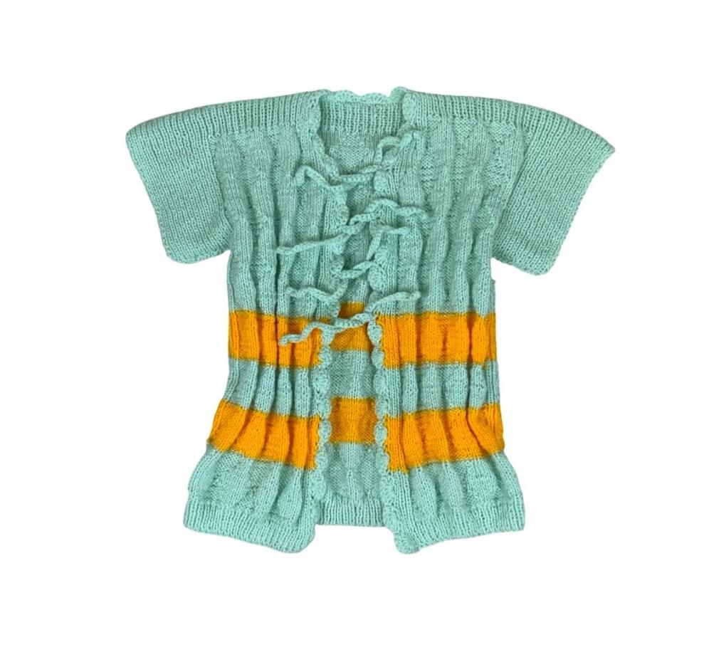 VTG 70S 80S GREEN YELLOW STRIPE SHORT SLEEVE TIE-UP THICK KNIT CARDIGAN TOP M 12