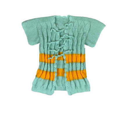 VTG 70S 80S GREEN YELLOW STRIPE SHORT SLEEVE TIE-UP THICK KNIT CARDIGAN TOP M 12