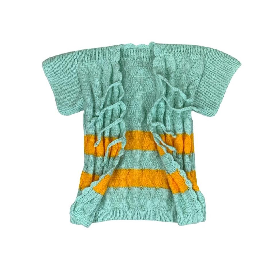 VTG 70S 80S GREEN YELLOW STRIPE SHORT SLEEVE TIE-UP THICK KNIT CARDIGAN TOP M 12