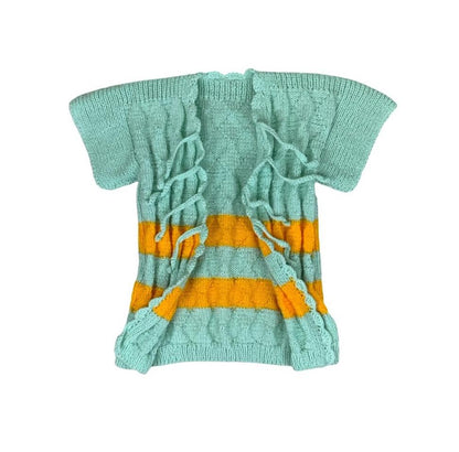 VTG 70S 80S GREEN YELLOW STRIPE SHORT SLEEVE TIE-UP THICK KNIT CARDIGAN TOP M 12
