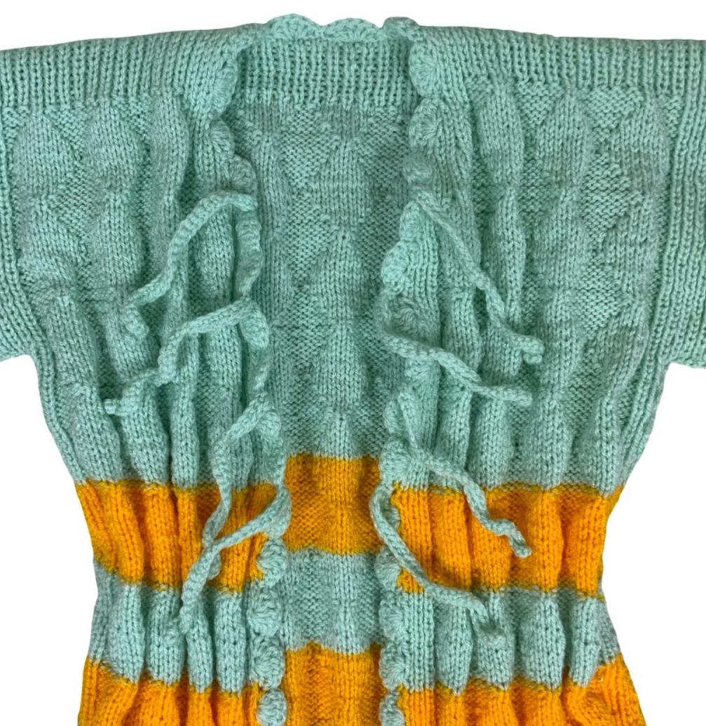 VTG 70S 80S GREEN YELLOW STRIPE SHORT SLEEVE TIE-UP THICK KNIT CARDIGAN TOP M 12