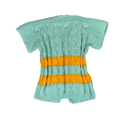 VTG 70S 80S GREEN YELLOW STRIPE SHORT SLEEVE TIE-UP THICK KNIT CARDIGAN TOP M 12