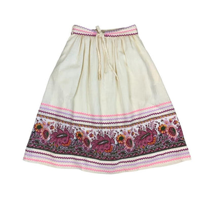 VTG 70S 80s LUCIE LINDEN CREAM PINK FLORAL FOLK MIDI SKIRT WITH BELT X-SMALL 4 6