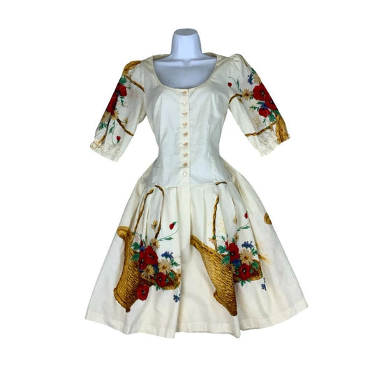 CREAM NOVELTY PRINT BASKET HARVEST FLORAL COUNTRY MIDI SUMMER DRESS UK 6 8