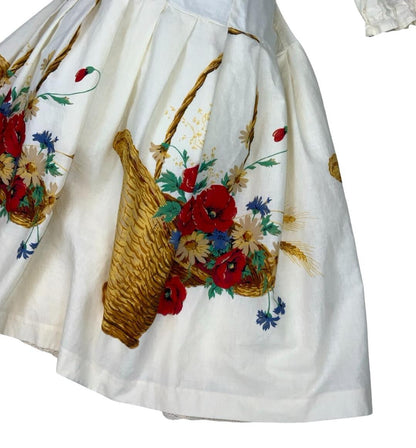 CREAM NOVELTY PRINT BASKET HARVEST FLORAL COUNTRY MIDI SUMMER DRESS UK 6 8