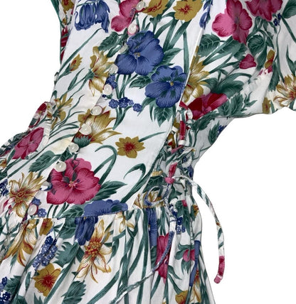 70S 80S ST MICHAEL FLORAL WHITE PINK BLUE MIDI A-LINE SUMMER TEA DRESS UK 10 12