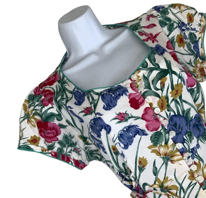 70S 80S ST MICHAEL FLORAL WHITE PINK BLUE MIDI A-LINE SUMMER TEA DRESS UK 10 12