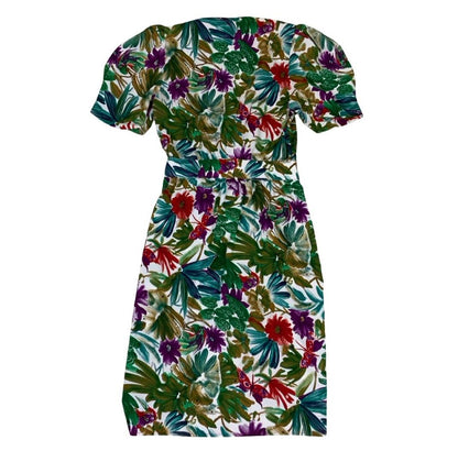 VTG 80s 'STITCHES PLUS' FLORAL GREEN BLUE RED PURPLE WRAP MIDI DRESS SMALL 8 10