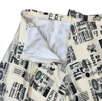 VTG 70s BLACK WHITE NOVELTY NEWSPAPER GRAPHIC PRINT A-LINE SWING SKIRT XS 6