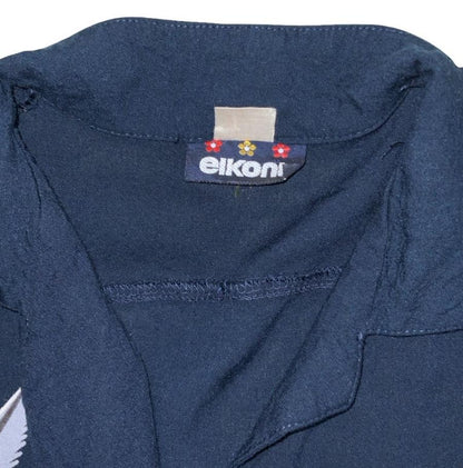 'EIKONT' NAVY BLUE SEAGULL BIRD GRAPHIC SHORT SLEEVED BUTTON-UP BLOUSE S 10
