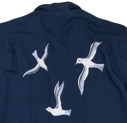 'EIKONT' NAVY BLUE SEAGULL BIRD GRAPHIC SHORT SLEEVED BUTTON-UP BLOUSE S 10
