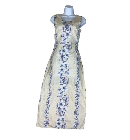 VTG 'HALEKULANI' HAWAIIAN WHITE BLUE FLORAL SLEEVELESS MAXI SUMMER DRESS S 8 10