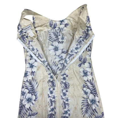 VTG 'HALEKULANI' HAWAIIAN WHITE BLUE FLORAL SLEEVELESS MAXI SUMMER DRESS S 8 10