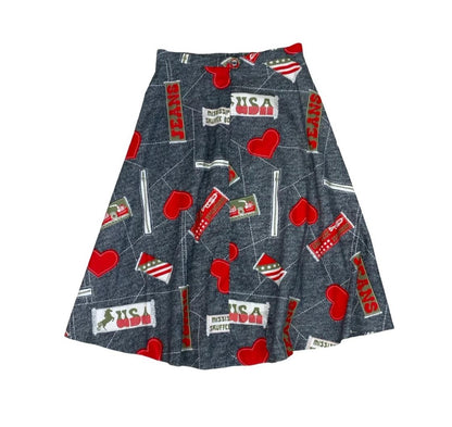 VTG 70s/ 80s HIGH WAIST GREY DENIM USA NOVELTY GRAPHIC A-LINE SKIRT SMALL 8