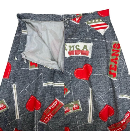 VTG 70s/ 80s HIGH WAIST GREY DENIM USA NOVELTY GRAPHIC A-LINE SKIRT SMALL 8