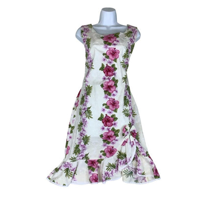 VTG 'HO ALOHA' HAWAIIAN WHITE PINK FLORAL FRILL BOW SLEEVELESS SUMMER DRESS M 12