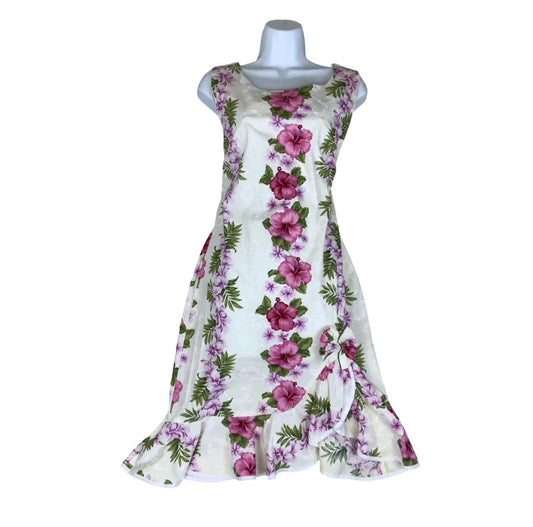 VTG 'HO ALOHA' HAWAIIAN WHITE PINK FLORAL FRILL BOW SLEEVELESS SUMMER DRESS M 12