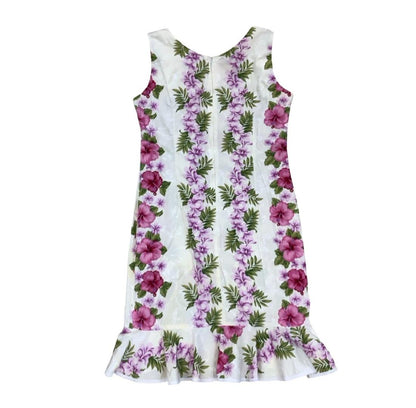 VTG 'HO ALOHA' HAWAIIAN WHITE PINK FLORAL FRILL BOW SLEEVELESS SUMMER DRESS M 12