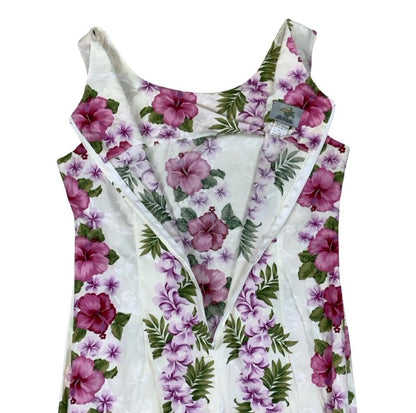 VTG 'HO ALOHA' HAWAIIAN WHITE PINK FLORAL FRILL BOW SLEEVELESS SUMMER DRESS M 12