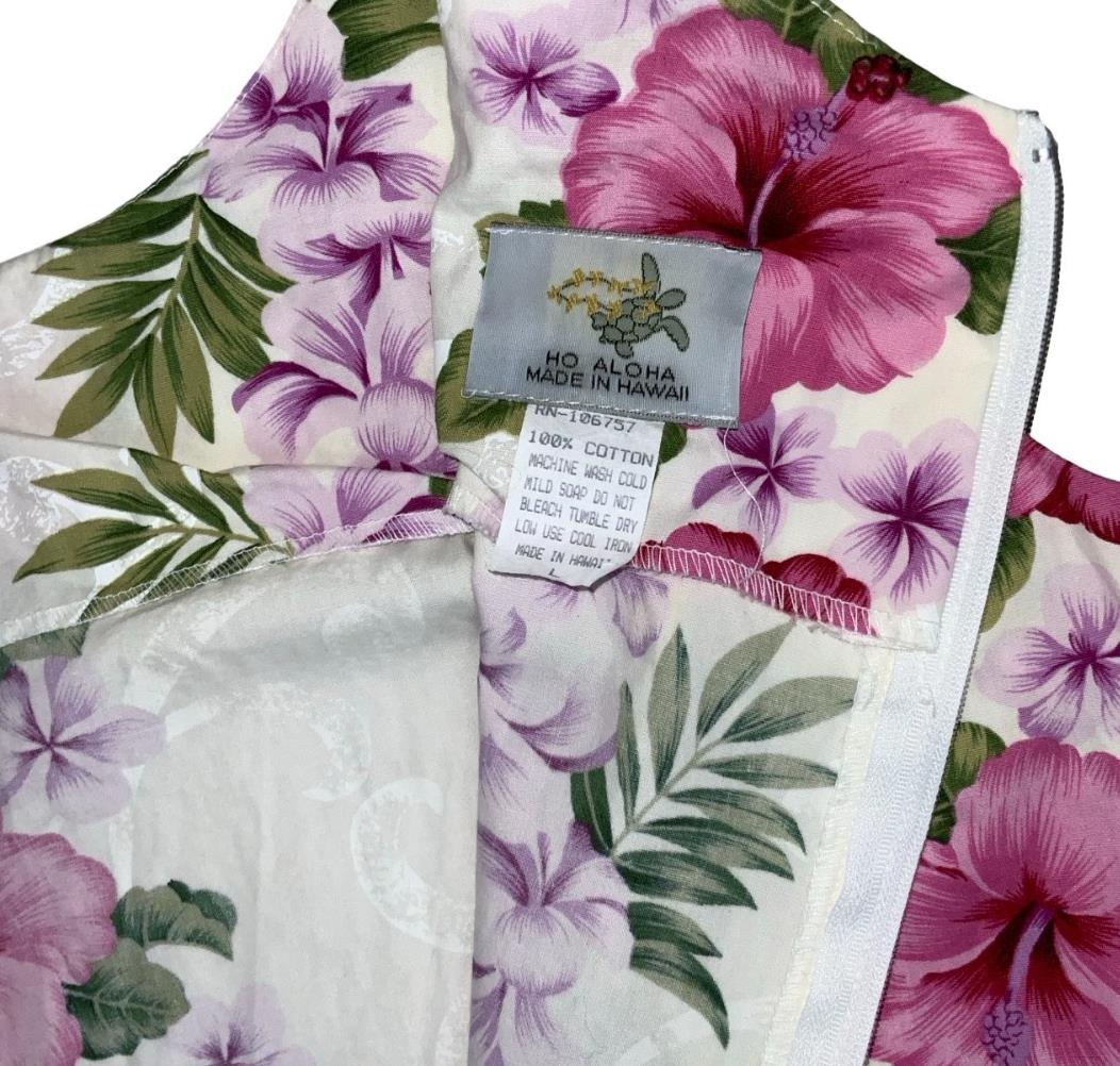 VTG 'HO ALOHA' HAWAIIAN WHITE PINK FLORAL FRILL BOW SLEEVELESS SUMMER DRESS M 12