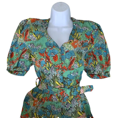 VTG 80s 90s GREEN RED YELLOW BOTANICAL PRINT SHORT SLEEVED V-NECK A-LINE DRESS S