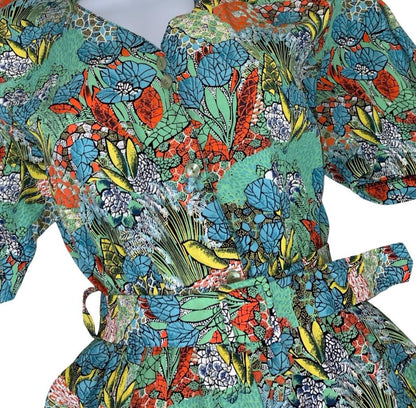 VTG 80s 90s GREEN RED YELLOW BOTANICAL PRINT SHORT SLEEVED V-NECK A-LINE DRESS S