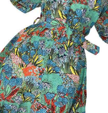 VTG 80s 90s GREEN RED YELLOW BOTANICAL PRINT SHORT SLEEVED V-NECK A-LINE DRESS S