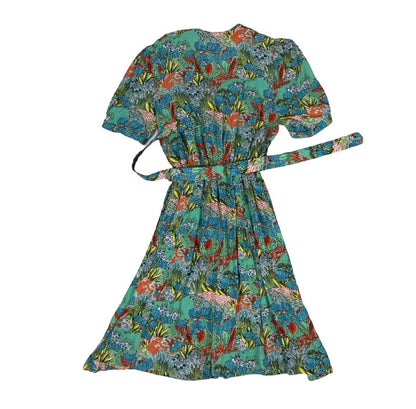 VTG 80s 90s GREEN RED YELLOW BOTANICAL PRINT SHORT SLEEVED V-NECK A-LINE DRESS S