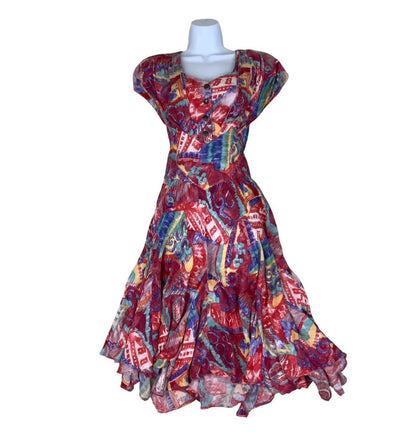 VTG 80s 'FASHION STYLE' RED GEOMETRIC PRINT ASYMMETRIC A-LINE MIDI DRESS M 12 14