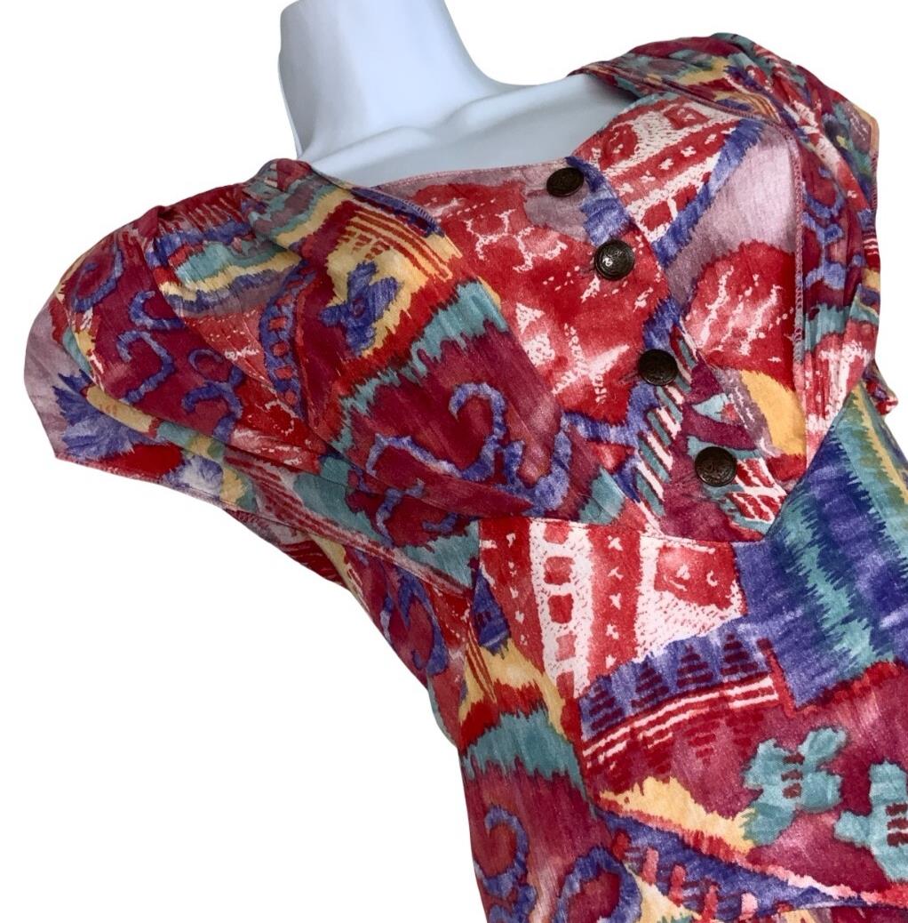 VTG 80s 'FASHION STYLE' RED GEOMETRIC PRINT ASYMMETRIC A-LINE MIDI DRESS M 12 14