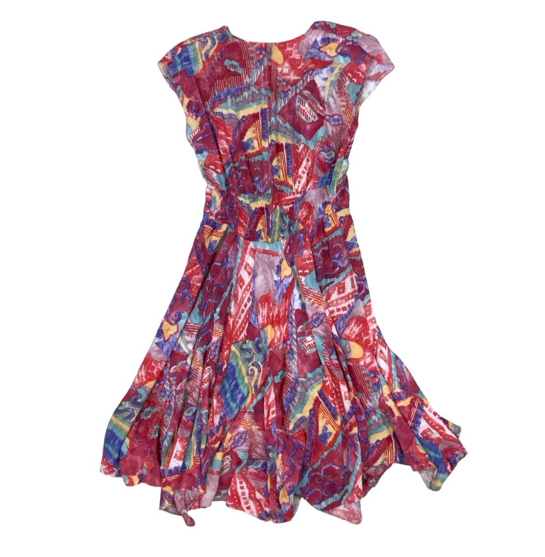VTG 80s 'FASHION STYLE' RED GEOMETRIC PRINT ASYMMETRIC A-LINE MIDI DRESS M 12 14