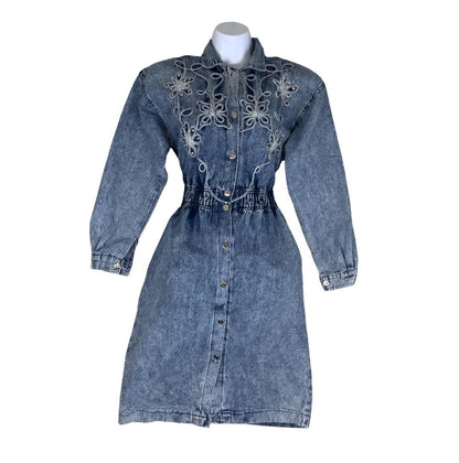 80s ACID WASH BLUE FLORAL EMBROIDERED COUNTRY WESTERN DENIM MIDI DRESS M 12