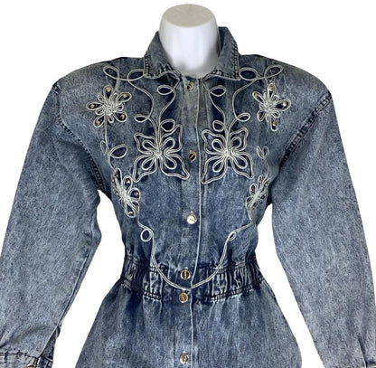 80s ACID WASH BLUE FLORAL EMBROIDERED COUNTRY WESTERN DENIM MIDI DRESS M 12